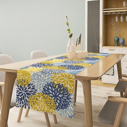 Dahlia Flower Table Runner Abstract Boho Yellow Blue Floral Art Printed Dinner Runner for Home Party Kitchen Dining Table Decor Fabric 1 Panel W13xL36in - color: Flower-14, size: 13"W x 36"H