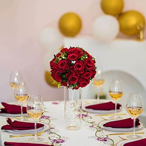 BLOSMON Flower Centerpieces for Tables Wedding: 10 Pcs Crimson Red Artificial Rose Flowers Balls Decoration - 9.5 Inch Fake Silk Kissing Floral Arrangement for Home Party Event DIY Decor - color: Crimson