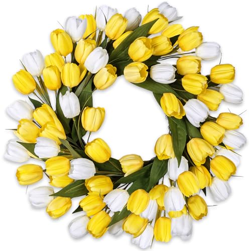 24 Inch Tulip Summer Wreath for Front Door Spring Silk Wreath with Green Leaves Artificial Tulip Flower Wreaths for All Seasons Farmhouse Porch Wall Living Room Home Widding Decor-Yellow - color: Yellow