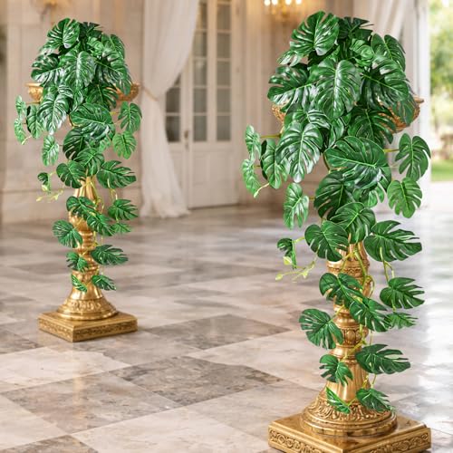 2 Pack Large Artificial Hanging Monstera Plant with Pots, Extra-Full Cascading Faux Hanging Plants for Wall & Shelf Decor, Oversized Split-Leaf Greenery for Living Room (Green-02) - color: Green-02