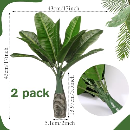Chunyin 2 Pcs Small Palm Tree Artificial Palm Tree 17" Small Faux Plants Plastic Fake Artificial Leaf Tropical Plants Mini for Office Desk Shelf Bathroom Home Indoor Outdoor Decor