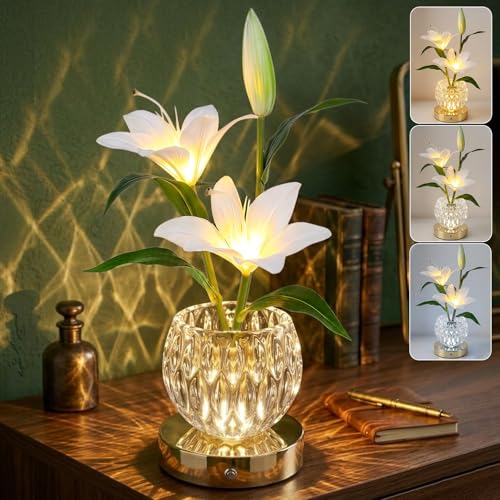 Lily Flower Lamps, 3 Colors Touch Stepless Dimming Glass Night Light, Rechargeable Artificial Flower Light, LED Flower with Vase Lamp Romantic Decor for Date Party Home (White - Lily) - color: White - Lily
