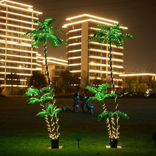 Solar Artificial Palm Tree Christmas Tree 7Ft 3Trunks 260LED Lighted Simulation Tropical Palm Tree Fake Plant Light for Patio Home Office Beach Yard Cruise Party Tiki Bar Decorations - style: 7FT Solar
