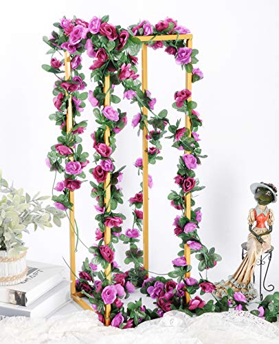 Miracliy 8Pcs 66FT Purple Flower Garland, Artificial Rose Floral Vines Fake Hanging Spring Flower Garland for Wall Backdrop Wedding Arch Tea Party Door Mantle Decoration - color: Purple-8pcs