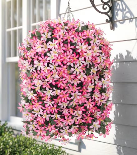 Hoppwodd Artificial Flower for Outdoors 4pcs Fake Lily Hanging Flower Baskets for Outside UV Resistant Silk Faux Long Trailing Vines for Garden Porch Patio, Pink & Light Pink - color: Pink & Light Pink