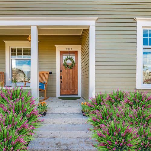 Sggvecsy 24 Bundles Artificial Plants Outdoor Faux Lavender Flowers Fake Monkey Grass UV Resistant Plastic Greenery Plants for Garden Home Porch Window Patio Hanging Planter Indoor Decor (Magenta) - color: Magenta, size: 24pcs