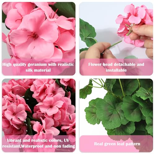 Geranium Artificial Flowers for Outdoors Spring UV Resistant Silk Geranium Pink Fake Flower Outdoor Plants for Garden Home Porch Courtyard Window Box Decoration 4 Pcs - color: E - Pink