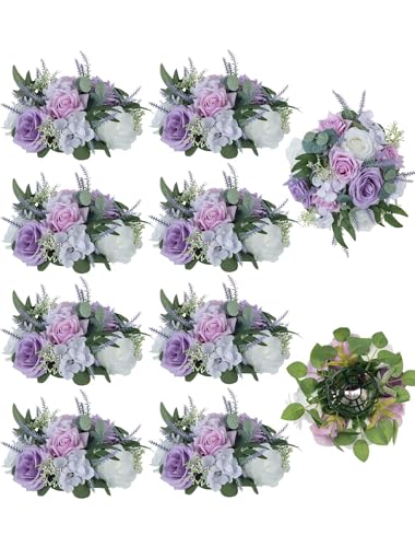 BLOSMON Purple Flowers Artificial for Decoration: 10 Pieces 9.5 Inch Fake Flower Ball Centerpieces for Wedding Tables - Lilac White Rose Lavender Fake Silk Kissing Floral Arrangements - color: Lilac Purple & White