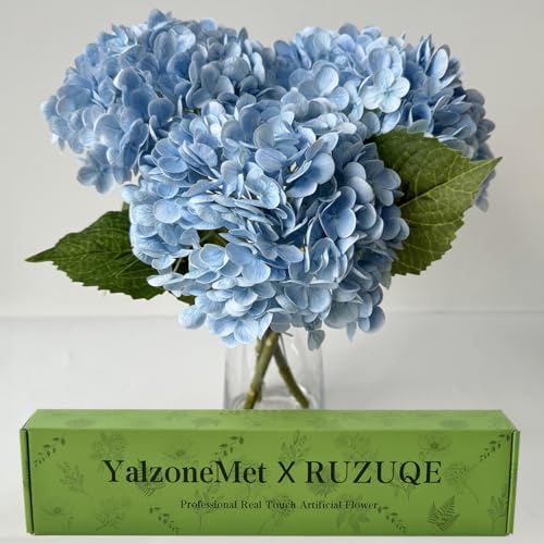 YalzoneMet Real Touch Hydrangea Artificial Flowers 3 Pcs 21 inches Light Blue Natural Lifelike Latex Flower Long Stem Faux Hydrangea Gift for Home Kitchen Garden Xmas Decor Christmas Table Centerpiece - color: Light Blue