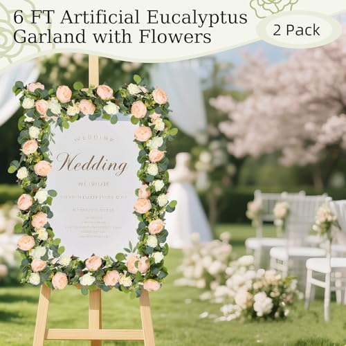 Lewondr Artificial Eucalyptus Garland with Flower - 8 Rose 8 Peony, 2Pcs 13FT Faux Floral Greenery Garlands Fake Flowers Vines, Maintenance-Free for Table Backdrop Party Room Decor, Mixed Champagne - color: Champagne, size: 2 Pack