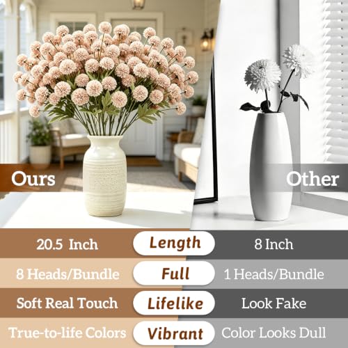 8pcs Beige Fake Flowers Silk Pompon Mum Artificial Flowers,Mini Artificial Chrysanthemums with Stems,Faux Flowers For Vase,for Wedding Centerpieces, flower arrangements, vase fillers, and home decor - color: Beige