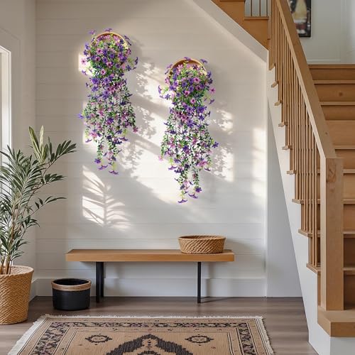 QCQHDU Artificial Hanging Flowers for Outdoors,2Pcs Fake Hanging Plants 29.5 Inch Long for Spring Summer Decoration,UV Resistant Faux Flowers for Patio Porch Garden Yard Balcony Decor, Double Purple - color: Double Purple