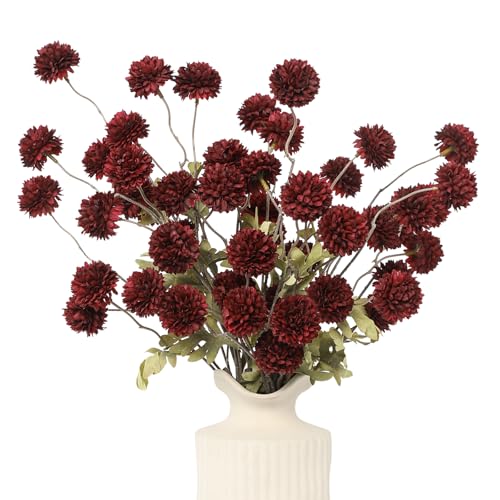DuHouse 6pcs Artificial Flowers Faux Silk Pompon Mum,Silk Small Mini Chrysanthemum Ball with Stems for DIY Wedding Bouquets Centerpieces Vase Home Table Kitchen Decorations(Burgundy) - color: Burgundy, size: 6pcs