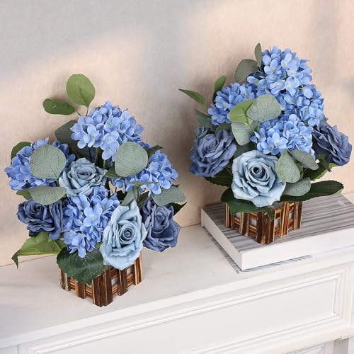 11.8’’ Tall Free Standing Artificial Flowers, 4Pcs Artificial Flowers Arrangement with Basket, Dusty Blue Rose Hydrangea Decorations for Wedding Archway Aisle Welcome Entrance Table - color: Dusty Blue
