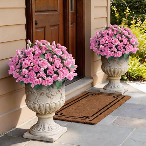 Juxdp 8 Bundles Artificial Roses, Realistic Silk Bouquet Flower(Pink) | Fluffy and Vivid, Fade-resistant, Faux Rose Plants, for Front Door/Garden/Farmhouse/Home/Outdoor/Spring/Summer Decor - color: Pink