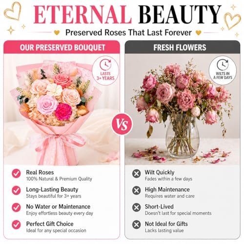 Pink Preserved Flowers Bouquet, Eternal Real Flower for Women Real Roses That Last 3 Years Handmade Floral Arrangement for Mother's Day Birthday Gifts Anniversary Surprise for Mom Women Her - color: Pink