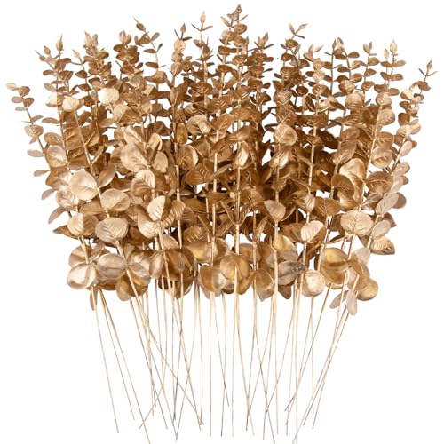 FEQO 36 Pcs Gold Eucalyptus Stems Artificial Leaves Faux Eucalyptus Stems Branches 15 inch for Wedding Bouquet Home Decor - color: Gold, size: 36 pcs