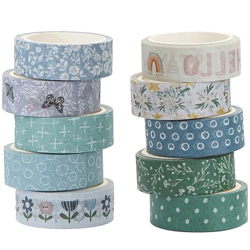 Boho Washi Tape Set 10 Rolls Cute Masking Graphic Floral Pattern Decorative Tapes for Arts, DIY Crafts, Journals, Planners, Scrapbook, Wrapping (Cool) - color: Cool