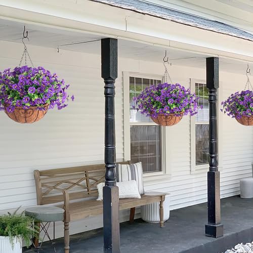 Artificial Fake Hanging Flowers Plants Basket for Outdoors Spring Decoration, Realistic Faux Silk Morning Glory for Outdoor Planters UV Resistant Artificial Flowers for Outside Porch Garden, Purple - color: B Purple