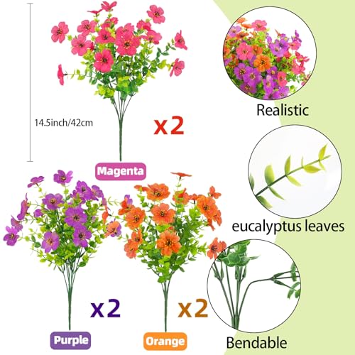ATTGREAT Artificial Spring Flowers for Outdoors Faux Plants UV Resistant Realistic Fake Flowers Outside for Garden Planter Porch Home Decor, 6 Bundles (Multicolor) - color: 3 Multicolor, size: 6Pcs