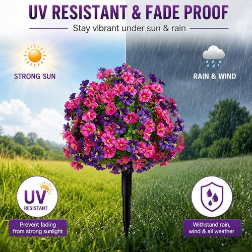Artificial Petunias with Ground Stake - UV Resistant & Waterproof Faux Flowers for Outdoor Indoor Garden, Yard, Planter, Porch & Home Decor (Style D,2 Pcs) - color: Style D ,2 Pcs