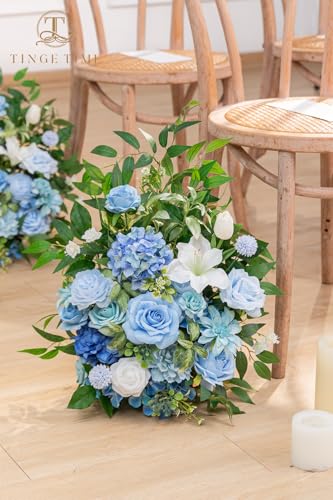 TINGE TIME Free-Standing Artificial Flower Set of 2, Table Centerpiece with Rubber Pad, Silk Fake Flower for Wedding Centerpiece Archway Aisle Welcome Entrance (Provence Blue) - color: Provenceblue