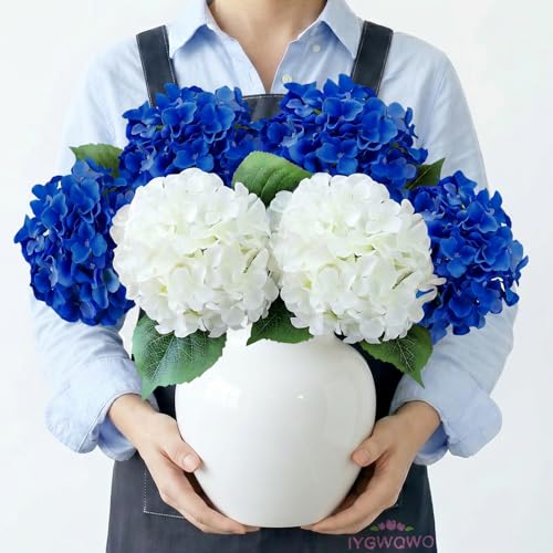 20" Hydrangea Artificial Flowers, Large Silk 2Pcs White/ 4Pcs Dark Blue Home Decor - color: White/Dark Blue