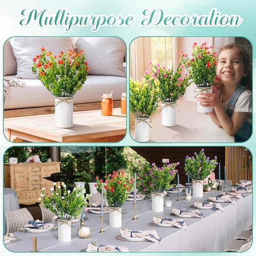 Riceshoot 7 Potted Artificial Small Wildflower Eucalyptus Table Centerpiece Decoration with Metal White Pots 17'' Tall Colorful Summer Flower Spring Fake Floral Mixed Blooms Vase Home Wedding Decor