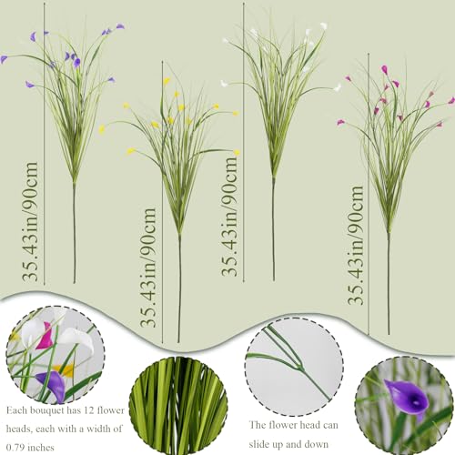 4 Pcs Artificial Plants Onion Grass Outdoor 35" Fake Tall Grass with Wild Lily Flowers Artificial Wheat Grass Faux Shrubs Bush Greenery Stems for Indoor Garden Outside Office Home Decor - color: 4 Pcs-multicolored Flowers