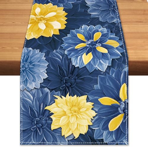 Blue Yellow Dahlia Flower Summer Table Runner Blue Yellow Gray Burlap Table Runners, Spring Elegant Floral Coffee Table Center Decor for Home Kitchen Dining Party Indoor Outdoor 13x36 Inch - color: Blue Yellow, size: 13" x 36", Table Runner