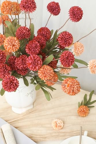 Floroom 9pcs Dark Red Burnt Orange Mix Faux Silk Mums Artificial Flowers, Bulk Fake Small Mini Chrysanthemums with Stems for DIY Wedding Centerpieces Floral Arrangements Vase Fillers Home Decorations - color: Warm Glow Red, size: 9pcs