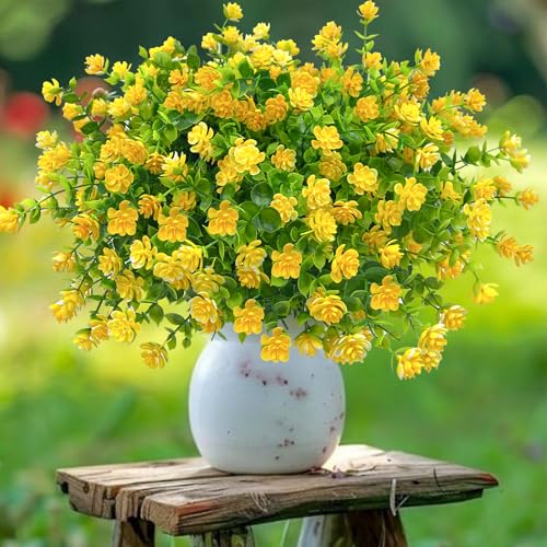 10 Bundles Artificial Fall Flowers for Outdoors,UV Resistant Fake Plastic Plants Artificial Shrubs Spring Flowers Decor of Vase and Outside Window Box, Ferns Plants for Planter-Yellow - color: Yellow, size: 10PCS