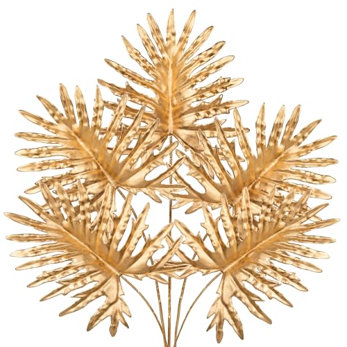 DILATATA 5 Pcs Artificial Monstera Leaves with Stem 30 Inch Golden Tropical Monstera Plant Gold Split Palm Leaves Philodendron Monstera Fronds for Hawaiian Luau Jungle Party Decorations - color: Split Palm#gold Pe 5pcs