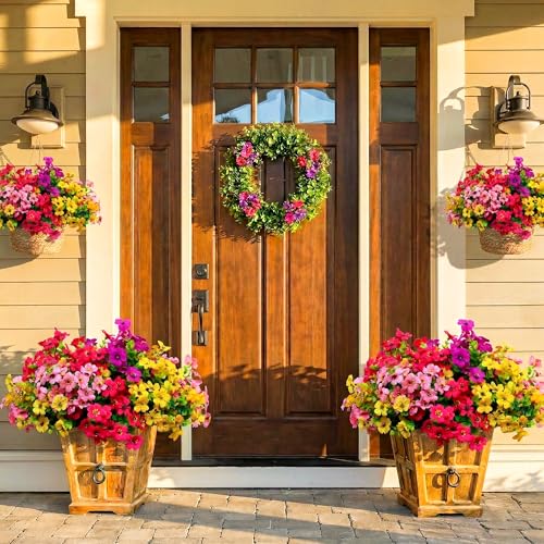 Kingsboomy Artificial Flowers for Outdoors, Faux Plants Flowers, 12 Bundles Silk Colorful Fake Flowers Eucalyptus Realistic UV Resistant for Outside Home Planter Porch Patio Yard Decor (12, 6 Colors) - color: 6 Colors