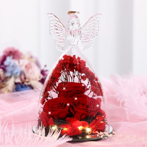 Mothers Day Rose Gifts for Women Preserved Real Flower in Glass Angel Figurines Roses for Delivery Prime Birthday Gifts for Mom Grandma Girlfriend Wife Her, Crystal Red - color: Crystal Red