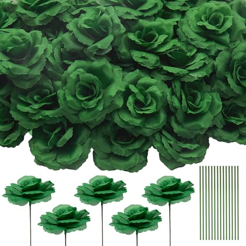 50 Pcs Rose Flower Head, Artificial Flowers Bulk for DIY Crafts, 3in Fake Rose Silk Flower Head wit Stem, Faux Flowers for Decoration, Wedding Home Party Decor Garland Decor (50, Dark Green) - color: Dark Green