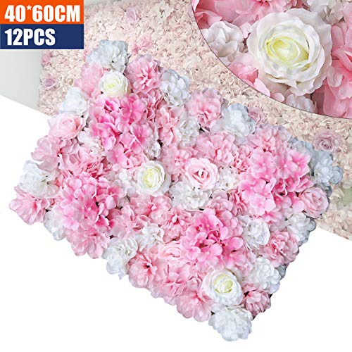 Artificial Silk Flower Wall, 12pcs Dark Pink and White, Wedding & Candy Wall, 23.62 x 15.74in - color: Dark Pink and White