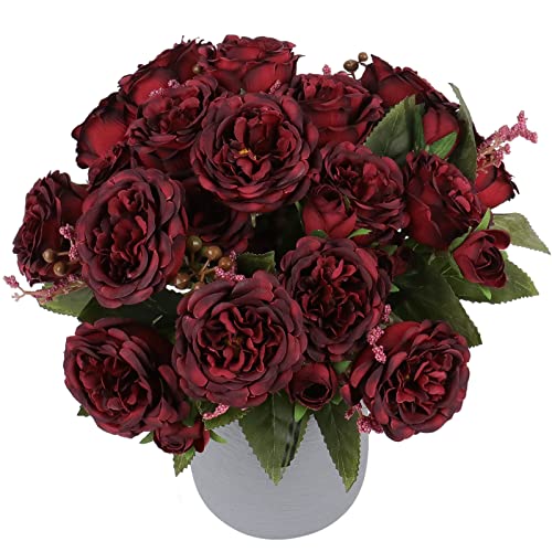 Artificial Peonies Silk Flowers, Burgundy Faux Peony Bouquet 4 Bundles Florals Arrangements for Farmhouse Home Boho Wedding Table Centerpiece, Fake Plastic Flowers Bulk for Vase Decoration (Burgundy) - color: Burgundy, size: 4PCS