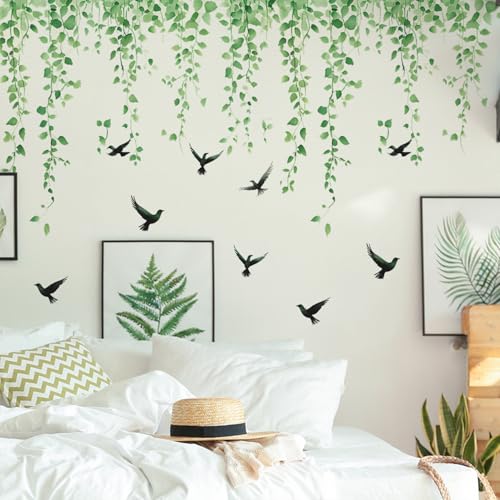 Green Plants Leaves Wall Decals Removable Green Hanging Vines with Birds Wall Stickers Peel and Stick Vinyl Waterproof Leaf Wall Decor for Bedroom Living Room Bathroom Classroom Decorations - style: Green Plants Leaves 3