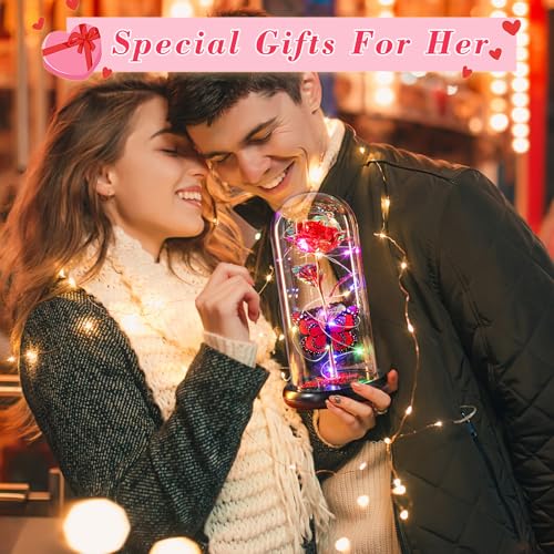 Gifts for Mom Birthday Gifts for Women Red Rose Eternal Flower Light Up Rose in Glass Dome with Butterfly, Galaxy Crystal Flowers Gifts for Grandma Wife Daughter Her Delivery Prime - color: Rose Red