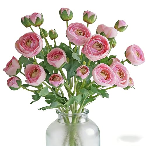 5PCS Artificial Ranunculus Flowers with Silk Flower Real Touch Stem Spray for Home Garden Office Decoration Wedding DIY Arrangements (Light Pink) - color: Light Pink