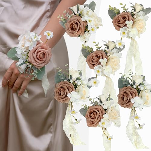 Dusty Rose Corsages for Wedding(Set of 6),Corsages for Prom,Party Prom Hand Flower Decor,Mother of The Bride Corsage,Bridesmaid Wrist Corsage - color: Dusty&cream