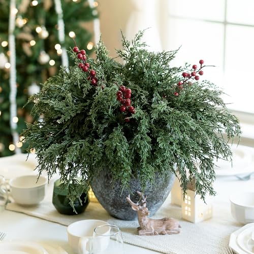 Cedar Stems Artificial Norfolk Pine Branches for Christmas Decor, 12 PCS Fake Pine Stems with 3 PCS Red Berries Branches Realistic Fake Plants Faux Greenery for Vases DIY Garland Xmas Table Indoor - color: 12 Pcs Cedar Stems, 3 Pcs Red Berry Stems