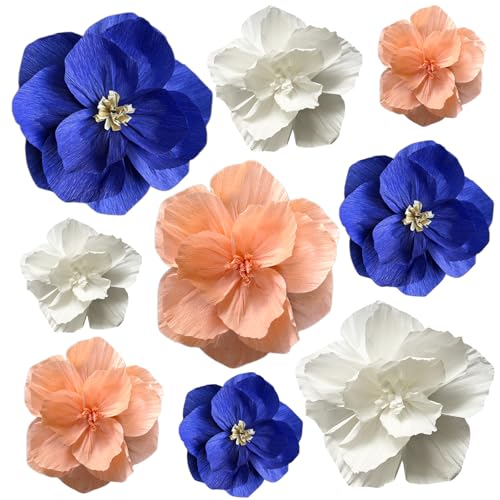 BRT Bearingshui Crepe Paper Flowers Decoration for Wall Total 9 Pcs, Artificial Flowers Backdrop for Wedding Decor Baby Bridal Shower Birthday Party, Navy Blue Coral White 3D Wall Flowers Decor - color: Coral Navy Blue White
