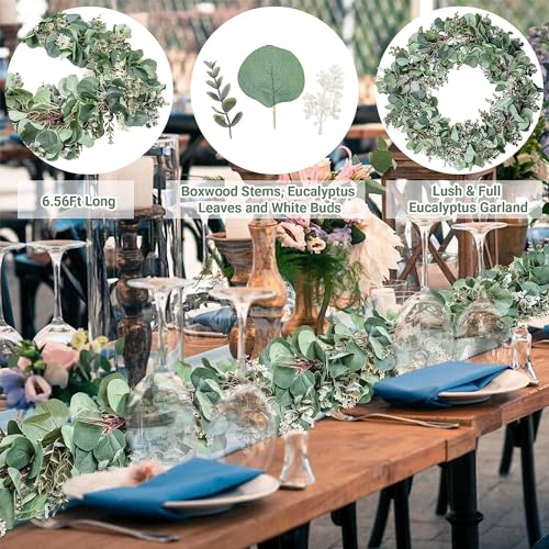 Ouddy Decor 2 Pack Eucalyptus Garland Total 13.1 Ft Lush Silver Dollar Leaves Boxwood with White Buds Artificial Faux Greenery Vines for Baby Shower Wedding Party Table Runner Room Home Mantle Decor - color: White, size: 2 Pack