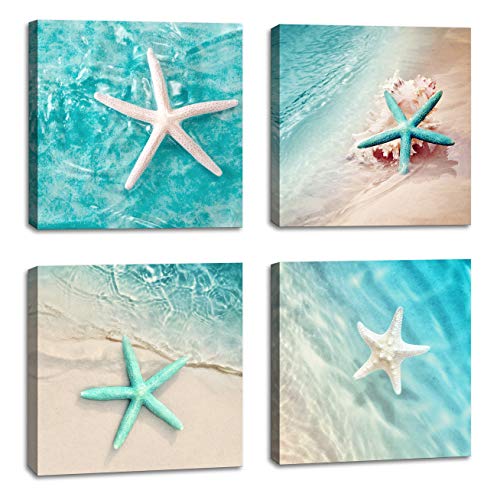 BQVCT Canvas wall art for bathroom home decorations beach green starfish wall decoration natural beach pictures canvas prints artwork Ready to Hang Size: 12x12inchx4 panels - color: Green