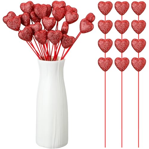 12 Pcs Glitter Foam Hearts Sticks Foam Heart Picks Sparkly Hearts Stems Puffy Heart Wooden Picks for Wedding Decorations Flower Arrangements Crafts (Red) - color: Red, size: 12 Pcs