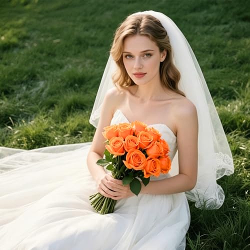 Rose Artificial Flowers Velvet Bouquet with Long Stem Real Touch Fake Roses Florals for Bridal Wedding Bouquet Party Arrangement Centerpiece Decorations (36, Orange) - color: Orange