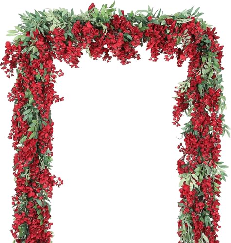 Duovlo 4Pcs 6.6Ft/Piece Imitation Silk Wisteria Garland Hanging Flower Vine for Home Outdoor Garden Ceremony Wedding Arch Floral Decor (Red) - color: Red