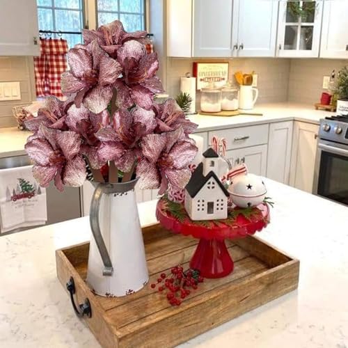 Briful Amaryllis Artificial Christmas Flower Stems, 19.7" Pink Glitter Faux Amaryllis with Detachable Heads for Xmas Home Party Wedding Bouquet Vase Arrangement Decor - color: Rose Gold